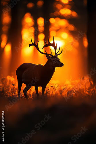 A beautiful stag stands gracefully in a sunlit forest, silhouetted against a vibrant orange sunset, capturing the essence of nature's breathtaking beauty and tranquility.