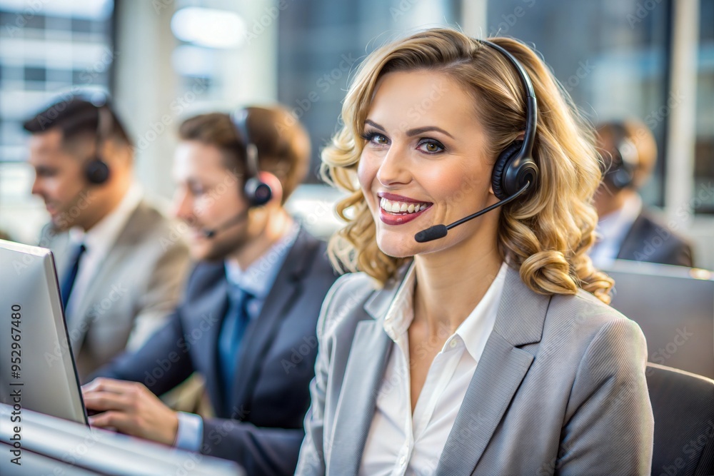 portrait of a young woman in a headset working with a computer in a modern office portrait of a young woman in a headset working with a computer in a modern office