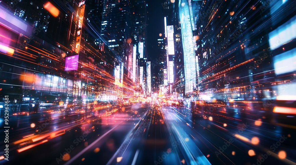 A Nighttime View of a City Street with a Blurred Motion Effect A Nighttime View of a City Street with a Blurred Motion Effect