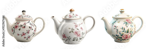 Three elegant porcelain teapots with floral designs, suitable for tea time, kitchen decor, or gifting purposes. photo