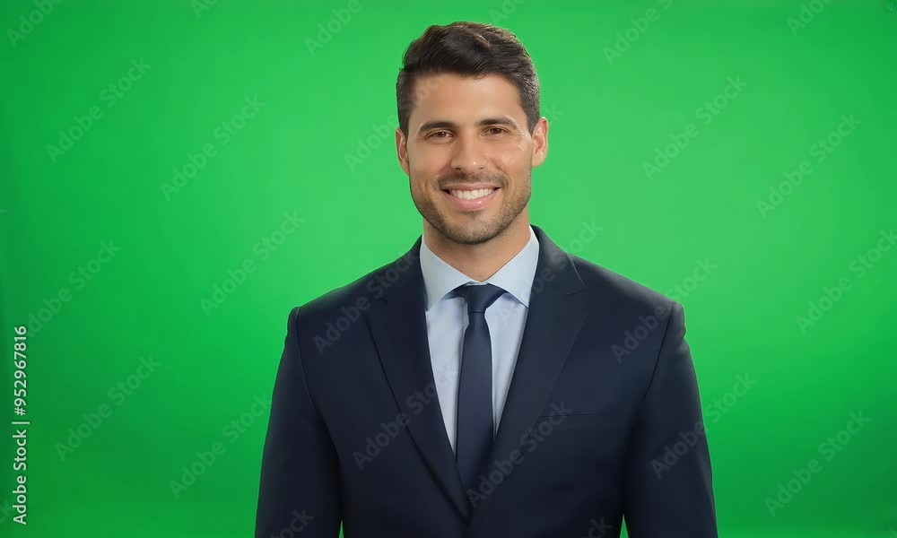 Confident Businessman in Suit Smiles on Green Screen Background Confident Businessman in Suit Smiles on Green Screen Background