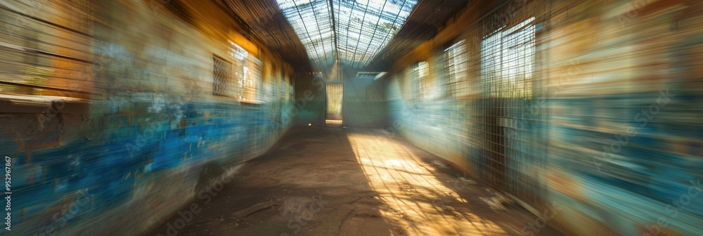 Abstract blurred background of a rustic prison cell featuring a wire roof and concrete walls, creating a somber atmosphere enhanced by colorful, hallucinatory visions and dynamic motion. Abstract blurred background of a rustic prison cell featuring a wire roof and concrete walls, creating a somber atmosphere enhanced by colorful, hallucinatory visions and dynamic motion.