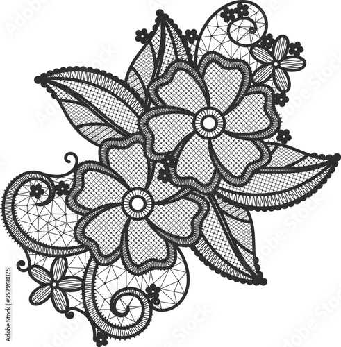 Flower element. Black lace mesh needlework ornament