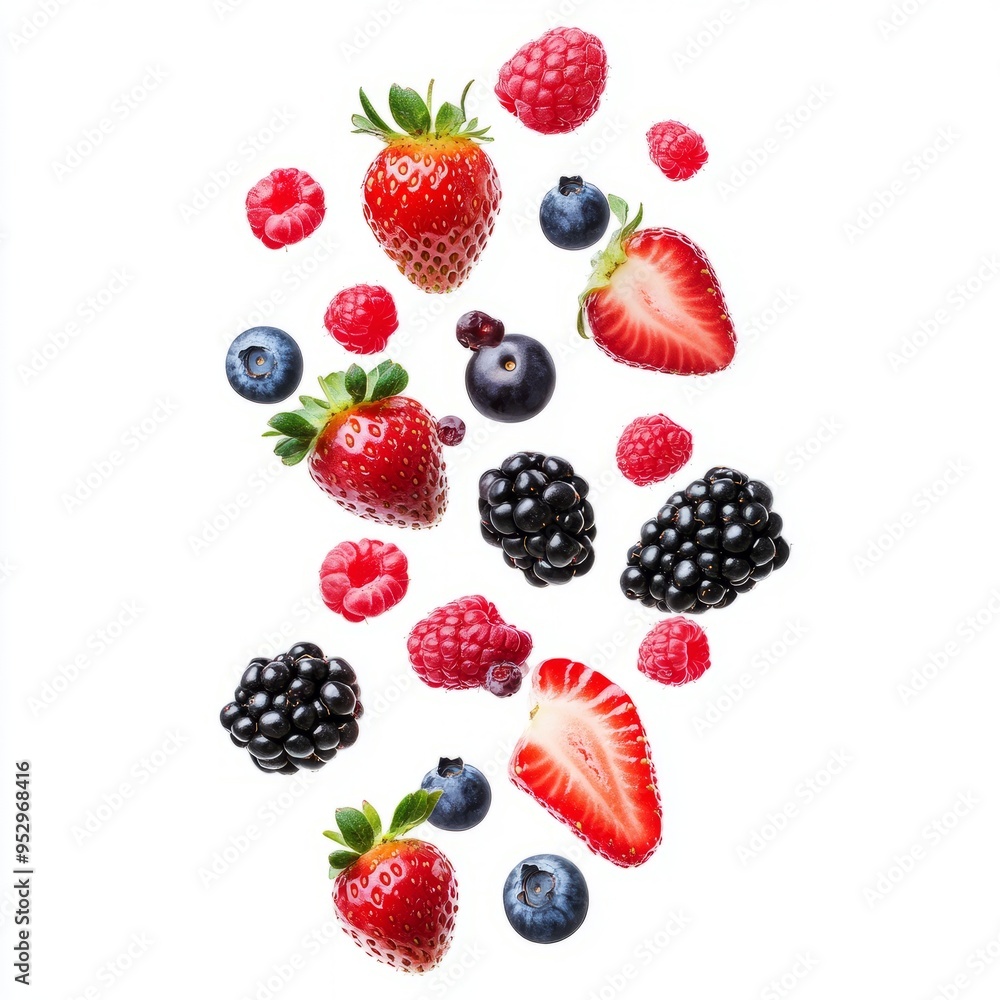 close up of Falling wild berries mix, strawberry, raspberry, blueberry, blackberry, isolated on white background close up of Falling wild berries mix, strawberry, raspberry, blueberry, blackberry, isolated on white background