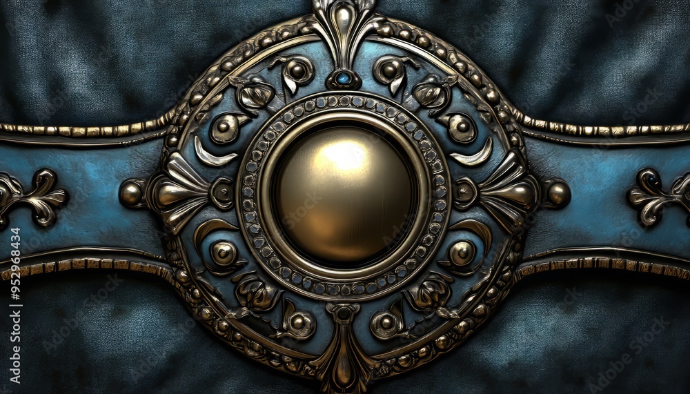 Obraz premium Ornate Gold and Blue Metal Emblem with a Circular Centerpiece