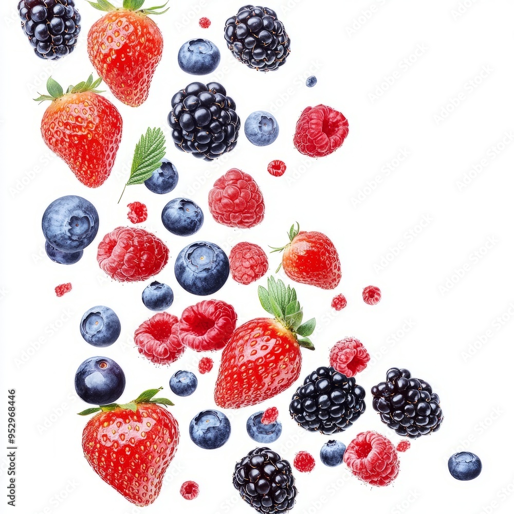 close up of Falling wild berries mix, strawberry, raspberry, blueberry, blackberry, isolated on white background close up of Falling wild berries mix, strawberry, raspberry, blueberry, blackberry, isolated on white background