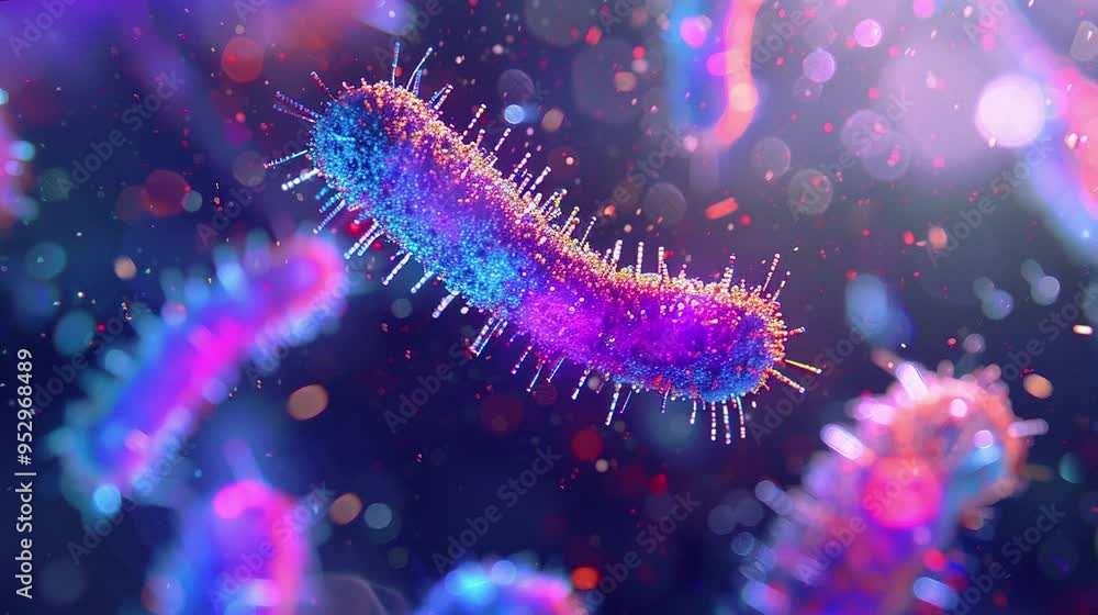 Video of blue, pink, violet bacteria with blurred background 3D rendering. For learning science, biology. Video of blue, pink, violet bacteria with blurred background 3D rendering. For learning science, biology.