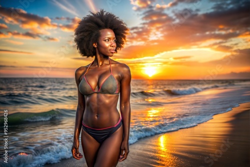 beautiful african woman in bikini posing in beach