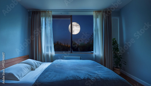 In a warm bedroom, looking out the window you can see the moon and stars.