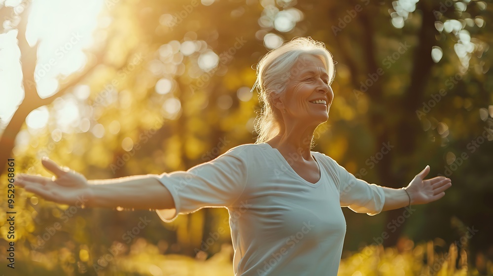 A joyful elderly woman enjoying nature with arms outstretched, basking in sunlight. A joyful elderly woman enjoying nature with arms outstretched, basking in sunlight.