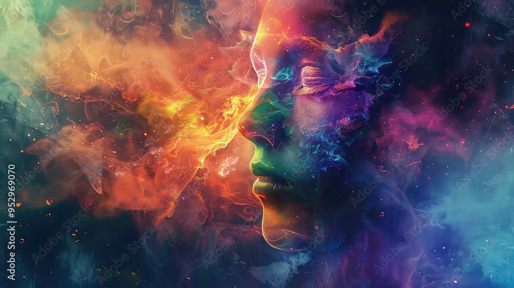 Abstract portrait of a woman's face with colorful nebula clouds. Abstract portrait of a woman's face with colorful nebula clouds.