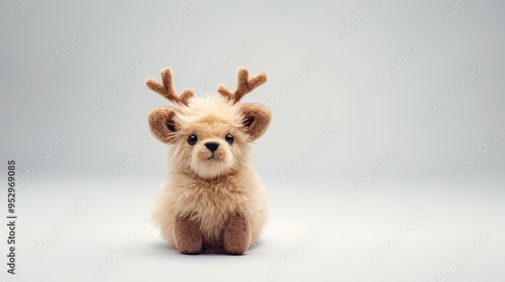 Obraz premium Cute fluffy vintage toy with a red bow on white background. Christmas gift for kids