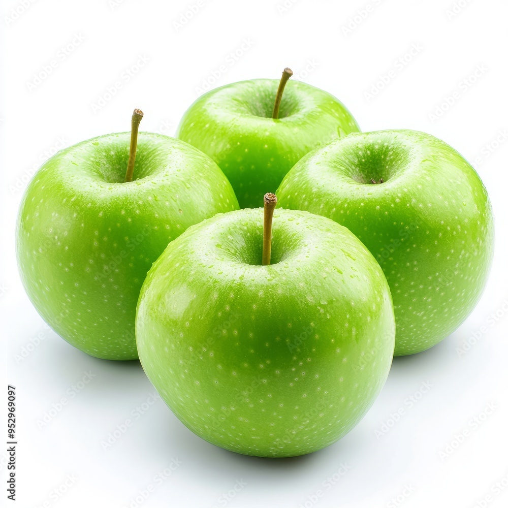close up of green apple group isolated on white background close up of green apple group isolated on white background