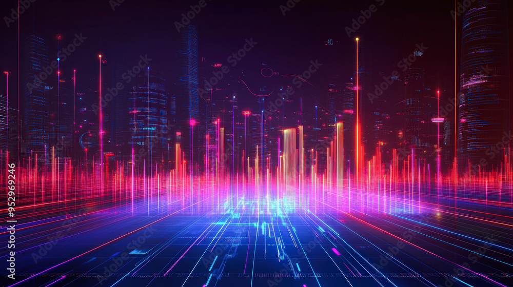 A futuristic digital landscape with neon lights and data lines representing a modern cityscape infused with advanced technology. A futuristic digital landscape with neon lights and data lines representing a modern cityscape infused with advanced technology.