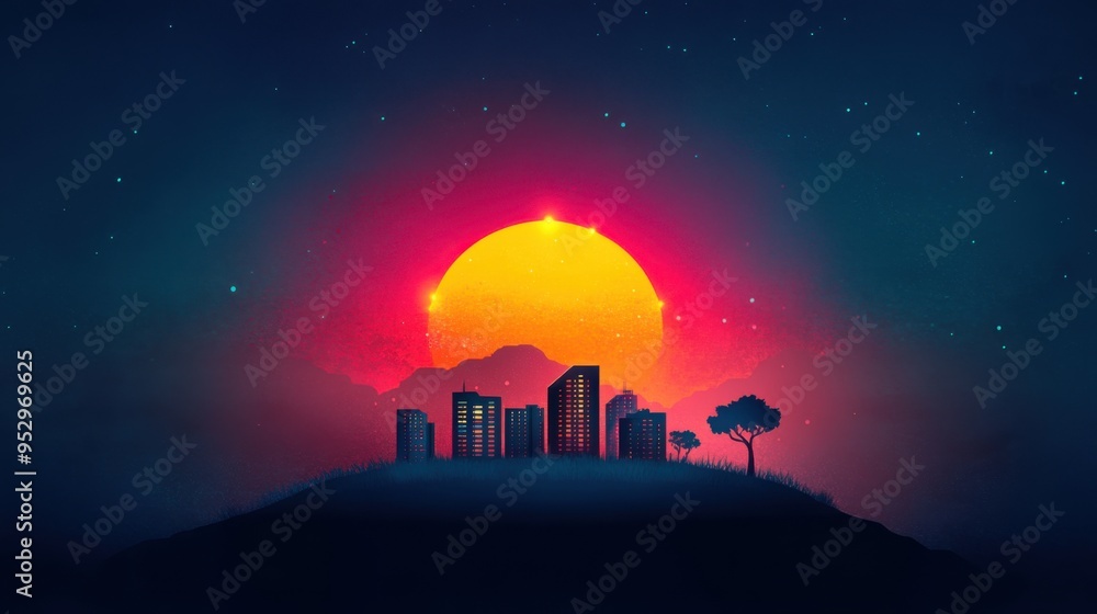Obraz premium Digital Future: Illustration of a Futuristic Smart City with Interconnected Networks in Flat Design