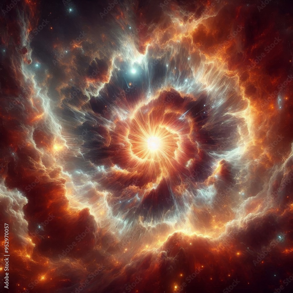 Explosive supernova in deep space, surrounded by glowing stars and colorful nebulae Explosive supernova in deep space, surrounded by glowing stars and colorful nebulae