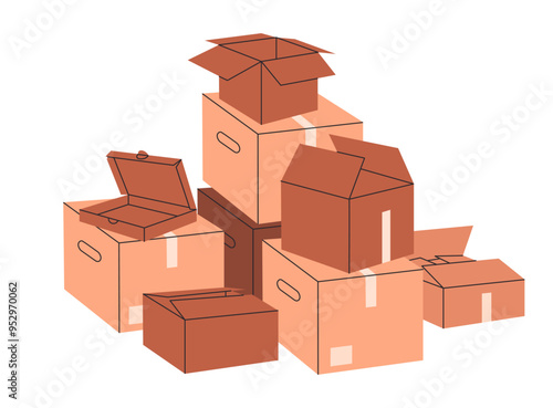 Cartoon cardboard boxes. Stacked cargo boxes pile, warehouse box stack flat vector illustration. Delivery or moving containers on white