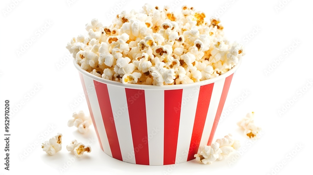 A classic stock photo of a red-and-white striped popcorn bucket filled with cinema-style popcorn on a white background. A classic stock photo of a red-and-white striped popcorn bucket filled with cinema-style popcorn on a white background.