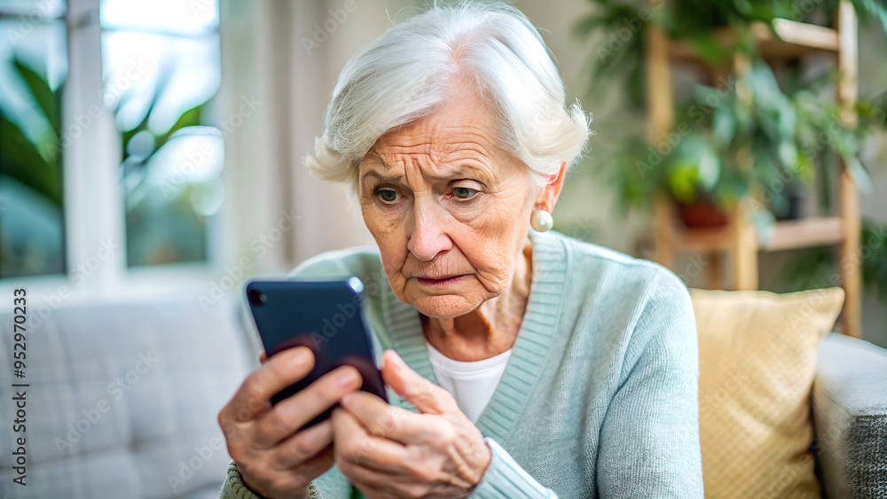 ervous, scared and stressed elderly lady holding a smartphone. scams and difficulties against elderly people, online payments, transactions, AI generated ervous, scared and stressed elderly lady holding a smartphone. scams and difficulties against elderly people, online payments, transactions, AI generated