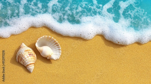 A serene beach scene featuring seashells on sand with gentle waves.