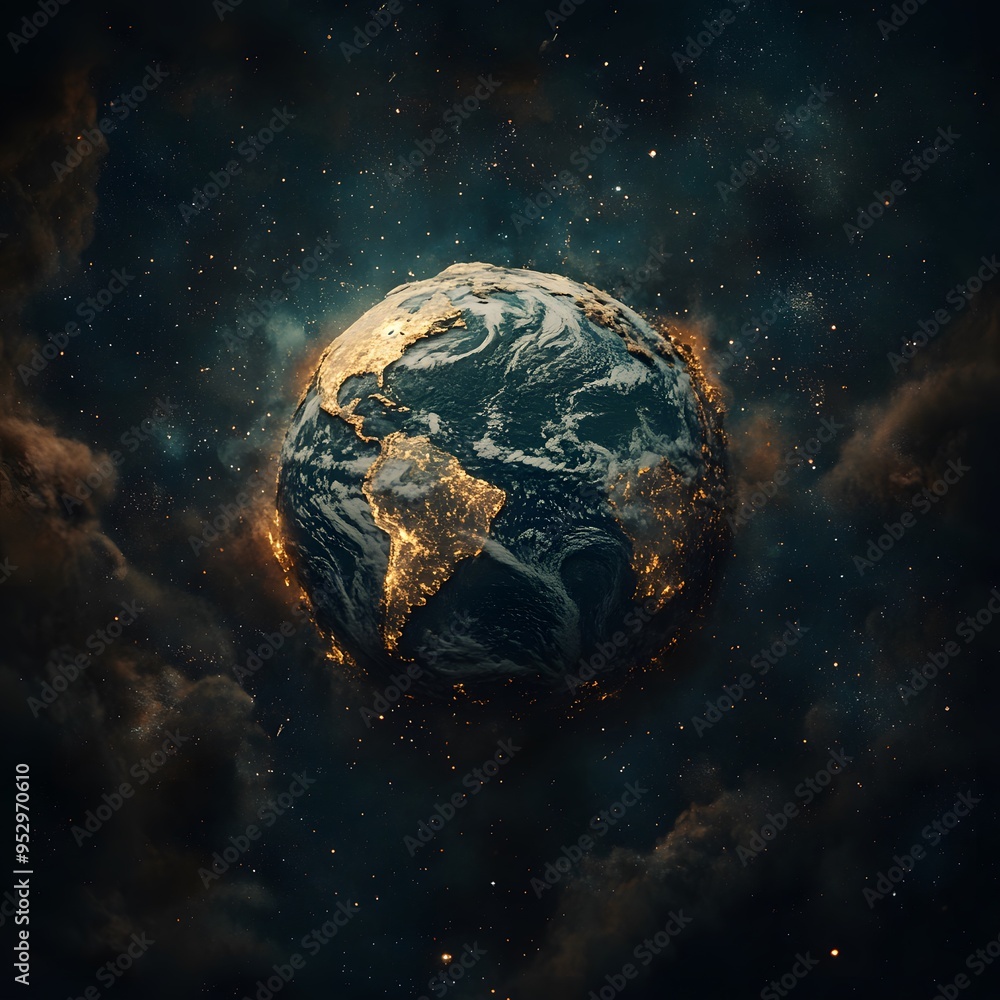 Obraz premium Earth From Space With City Lights And Stars
