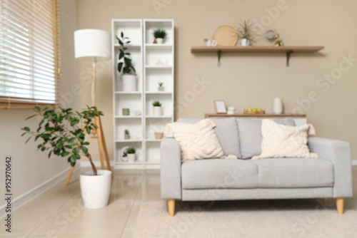 Interior of modern stylish living room with grey sofa and shelving unit, blurred view