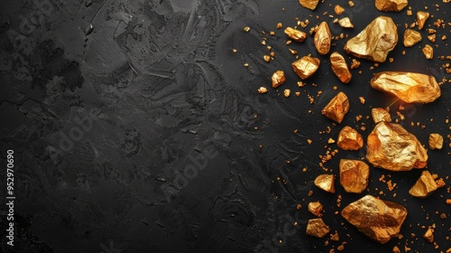 Gold nuggets on black background, business and treasure concept with copy space.