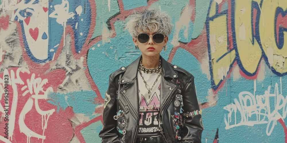 Cool Stylish Woman in Leather Jacket with Graffiti Wall Background Cool Stylish Woman in Leather Jacket with Graffiti Wall Background