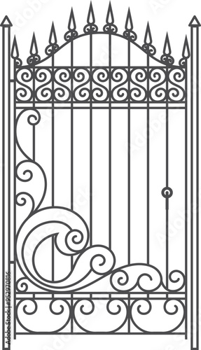 Ornate garden door. Railing fence with curly pattern