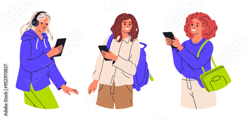 Women with smartphones. Female characters texting, watching video or surfing internet on gadgets flat vector illustration. Girls using phones on white