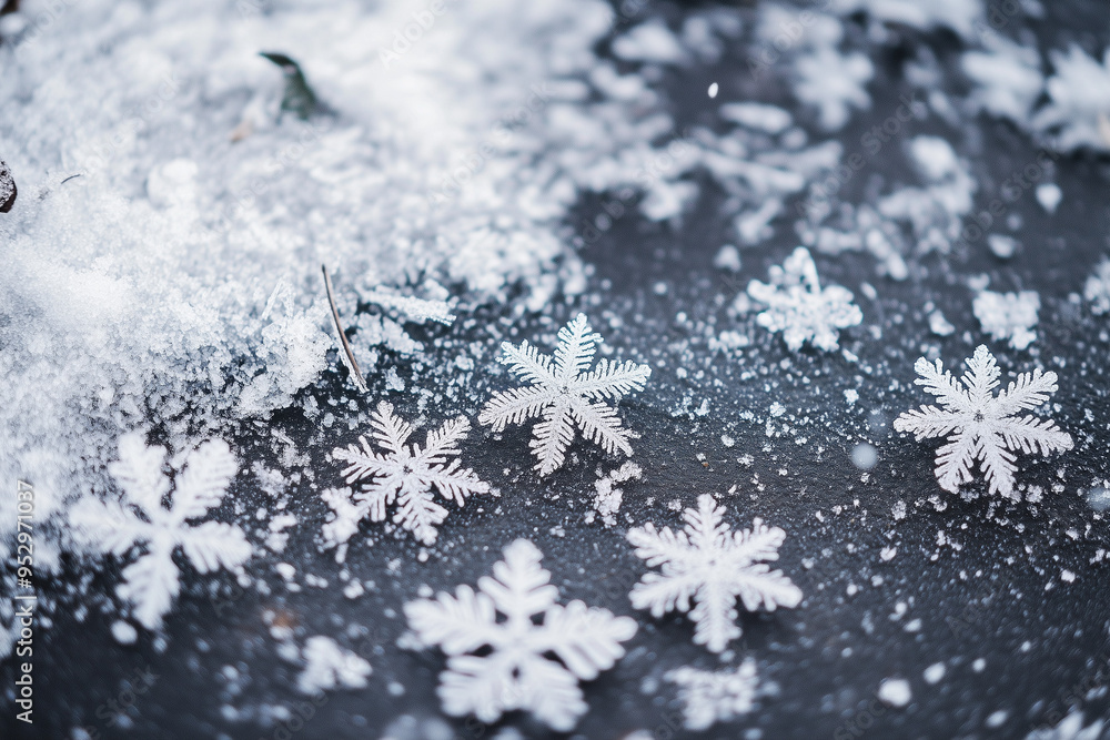 Winter's Essence: Snowflakes Scattered Across a Chilly Gray Ground Winter's Essence: Snowflakes Scattered Across a Chilly Gray Ground