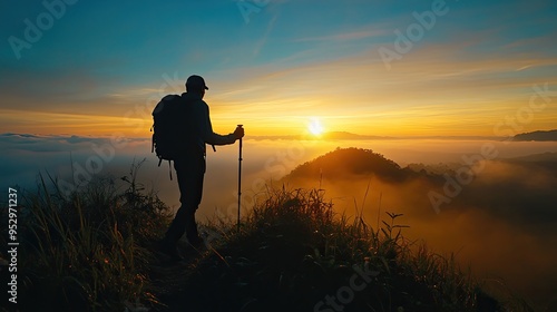 A hiker stands silhouetted against a vibrant sunrise over a misty landscape.