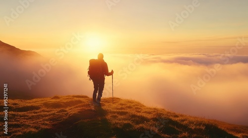 A hiker stands on a hilltop at sunrise, overlooking a sea of clouds.