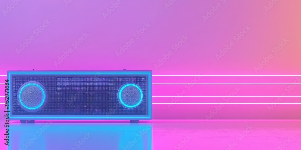 Fototapeta premium Retro Radio with Neon Lights in Pink and Blue Gradient Background