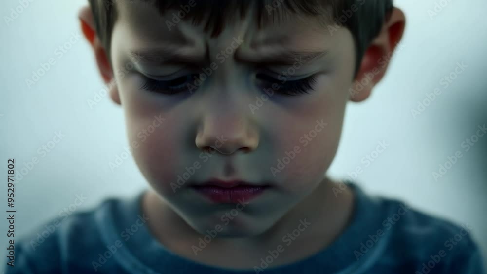 Close up of a young child frowning, expressing negative emotions such as sadness and frustration. The child gazes downward, conveying feelings of disappointment and worry Close up of a young child frowning, expressing negative emotions such as sadness and frustration. The child gazes downward, conveying feelings of disappointment and worry