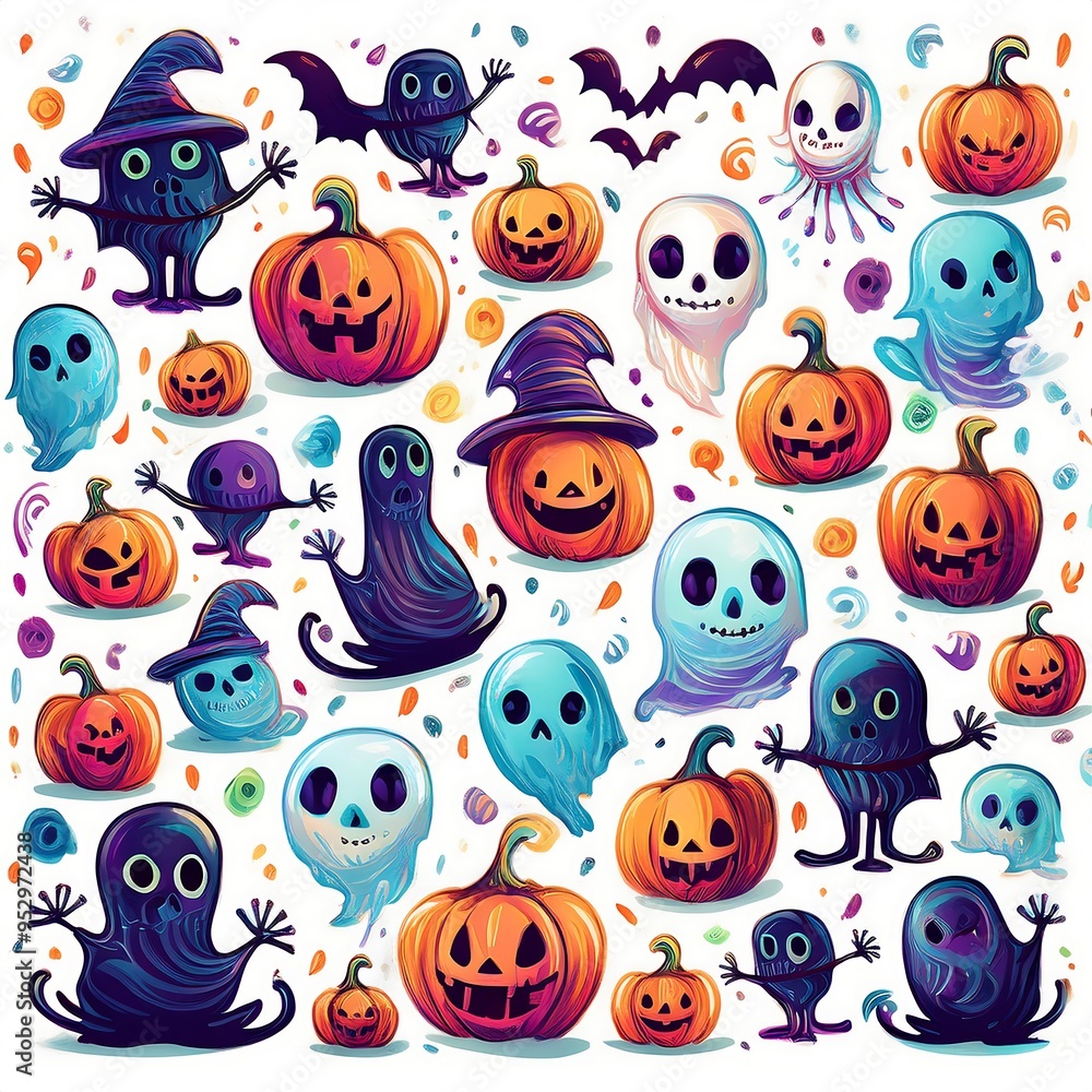 Obraz premium Playful Halloween Characters Pattern - pattern with Halloween characters an elements - ghost, witch, pumpkin. Graphic art illustration background