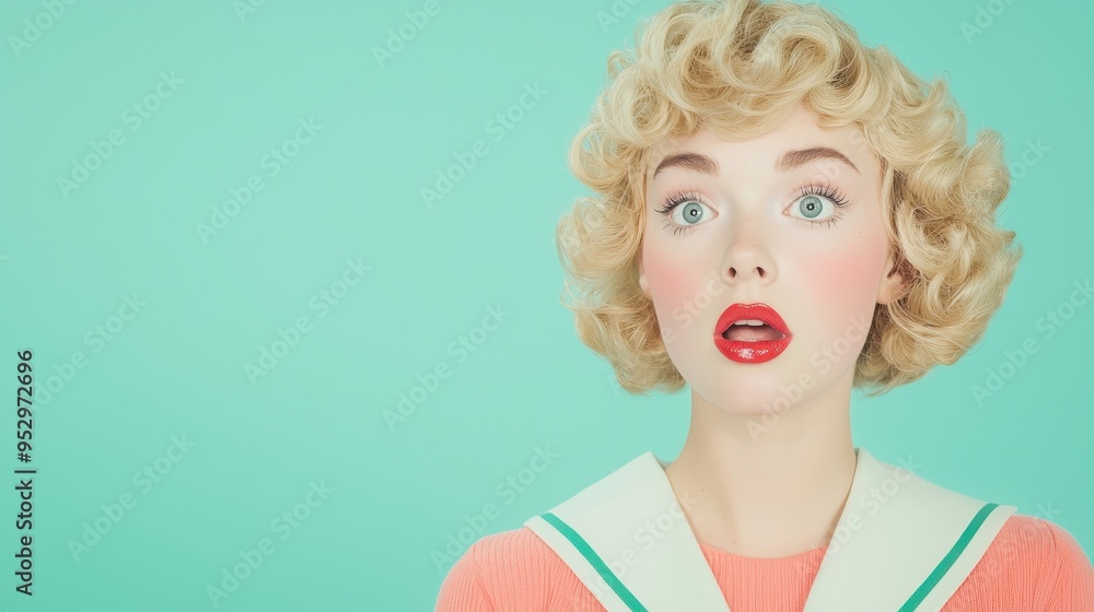 Surprised Woman with Blonde Curly Hair and Red Lips on a Mint Green Background Surprised Woman with Blonde Curly Hair and Red Lips on a Mint Green Background