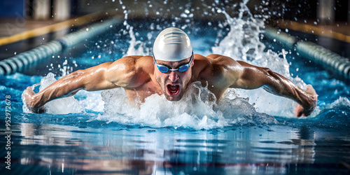 professional male swimmer, olympic level, breaststroke technique, AI generated