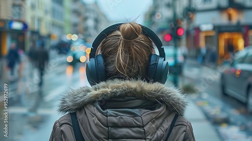 A person with headphones stands in a city street, surrounded by blurred lights and urban scenery.