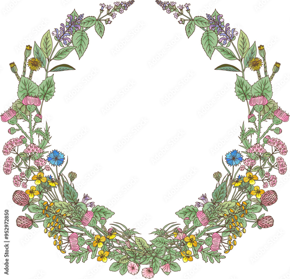 Naklejka premium Herb wreath drawing. Colorful flowers round frame