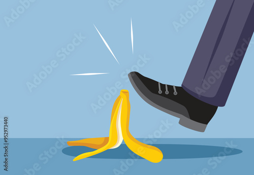 Businessman with Bad Luck Stepping on Banana Peel Vector Cartoon. Unlucky office worker being careless around garbage on the pavement 
