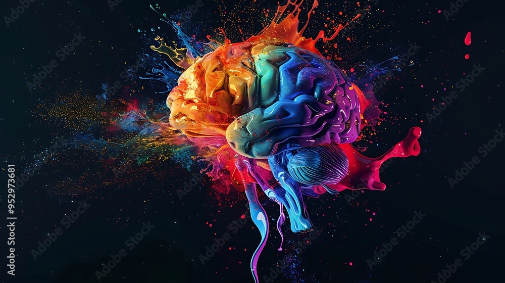 Obraz premium A vibrant, artistic representation of a brain with colorful splashes, symbolizing creativity and thought.