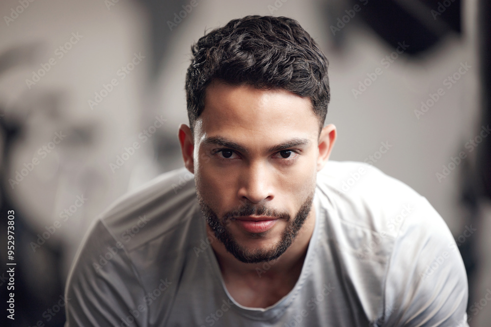Portrait, man and ready for fitness at gym with exercise preparation, start workout and training performance. Athlete, serious and commitment for running activity, muscle development and cardio sport Portrait, man and ready for fitness at gym with exercise preparation, start workout and training performance. Athlete, serious and commitment for running activity, muscle development and cardio sport
