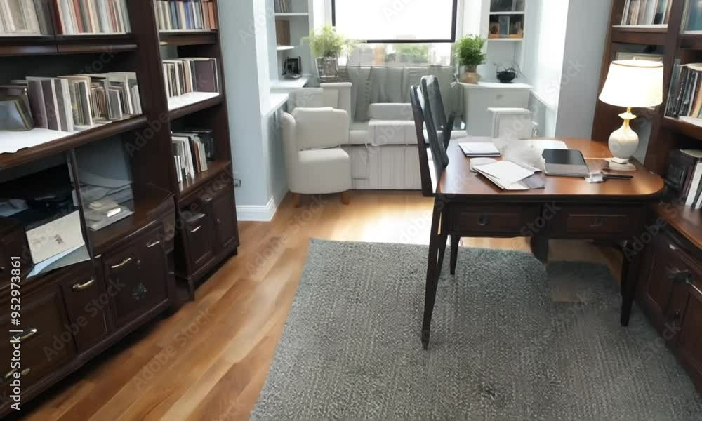 Modern living room with wooden furniture and large windows Modern living room with wooden furniture and large windows