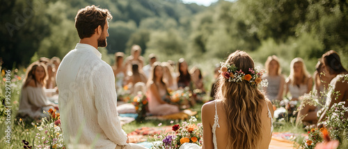 A bohemian wedding with the couple exchanging vows in a park