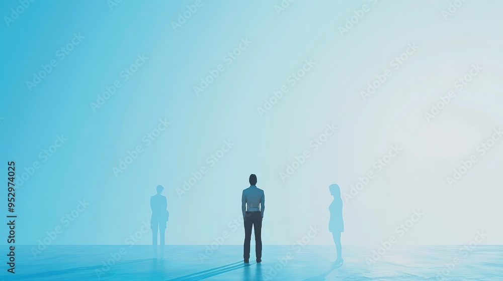 Silhouette of three people standing in triangle on blue background Silhouette of three people standing in triangle on blue background