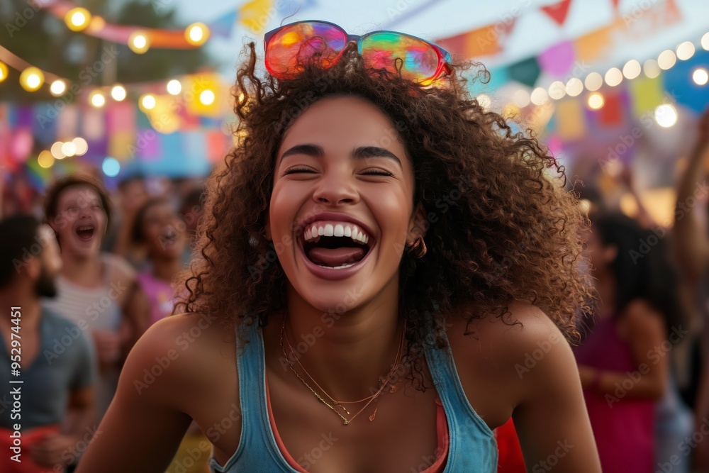 Young Black woman radiating joy and energy laughing at outdoor festival with colorful banners and bright lights. Festival celebration concept Young Black woman radiating joy and energy laughing at outdoor festival with colorful banners and bright lights. Festival celebration concept