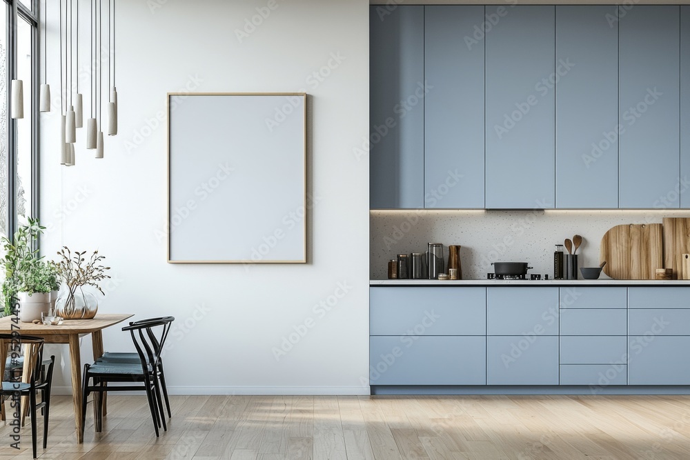 Fototapeta premium Poster Mockup in Kitchen Interior with White Wall created with Generative AI