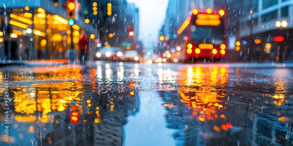 Obraz premium Rainy Night Cityscape with Blurred Lights Reflection in Puddles
