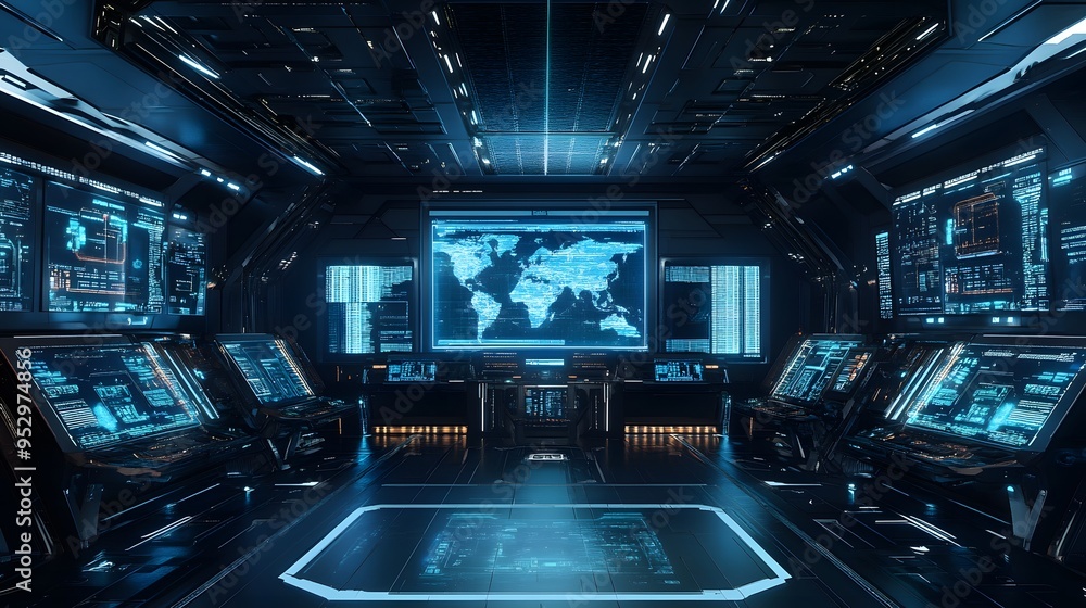 Command center with sleek design operators large screens and a holographic map Sleek and modern with cool blue tones holographic elements and detailed 3D interfaces Command center with sleek design operators large screens and a holographic map Sleek and modern with cool blue tones holographic elements and detailed 3D interfaces
